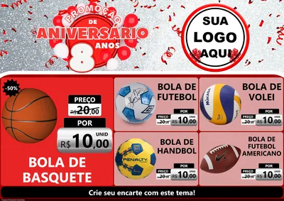 Modelo de Encarte para Encarte A4 Horizontal com o tema Promoção de Aniversário - 8 Anos para Artigos Esportivos