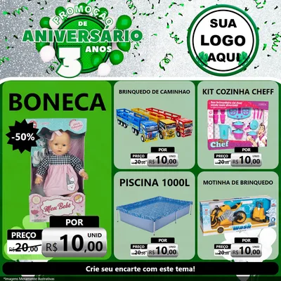Modelo de Rede Social para Feed Facebook com o tema Promoção de Aniversário - 3 Anos para Brinquedos