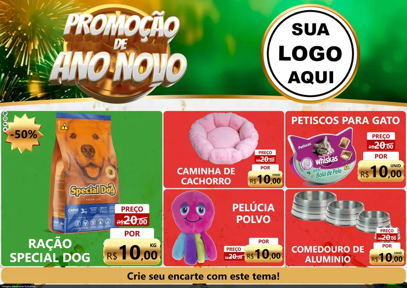 Modelo de Encarte para Encarte A4 Horizontal com o tema Promoção de Ano Novo para Pet Shop