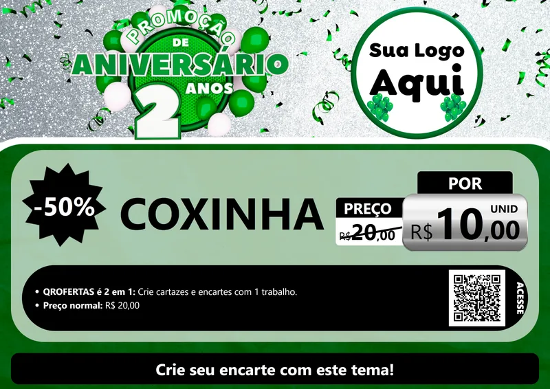 Modelo de Cartaz para Cartaz A4 Horizontal com o tema Promoção de Aniversário - 2 Anos para Salgadaria