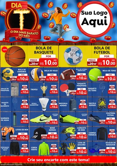 Modelo de Encarte para Encarte A4 Vertical com o tema Dia T - O Dia Mais Barato Do Mês para Artigos Esportivos
