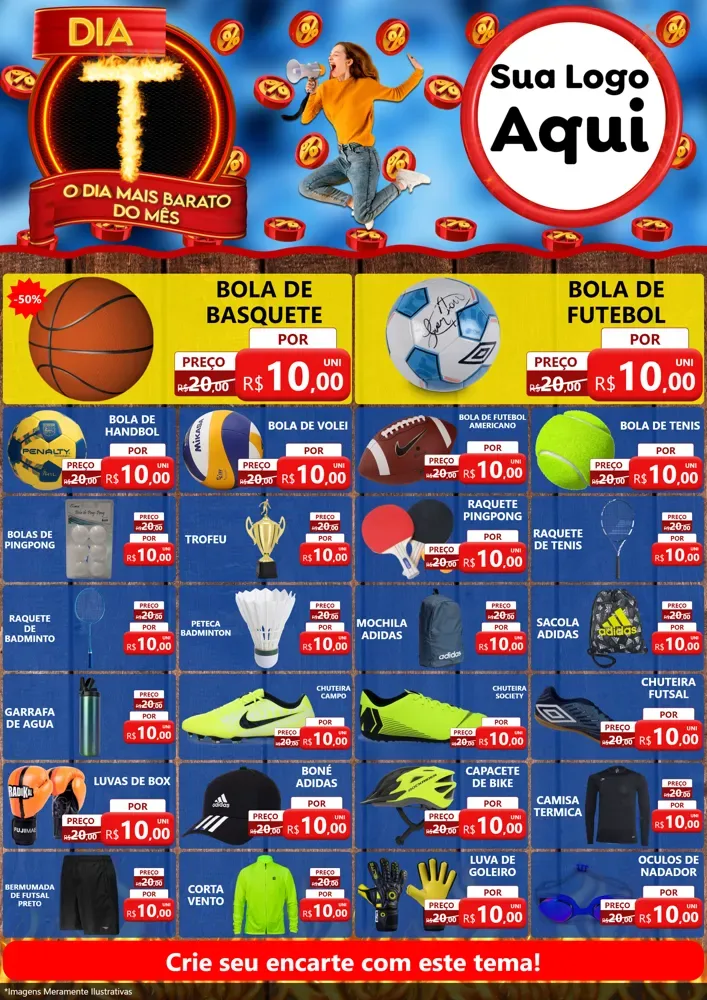 Modelo de Encarte para Encarte A4 Vertical com o tema Dia T - O Dia Mais Barato Do Mês para Artigos Esportivos
