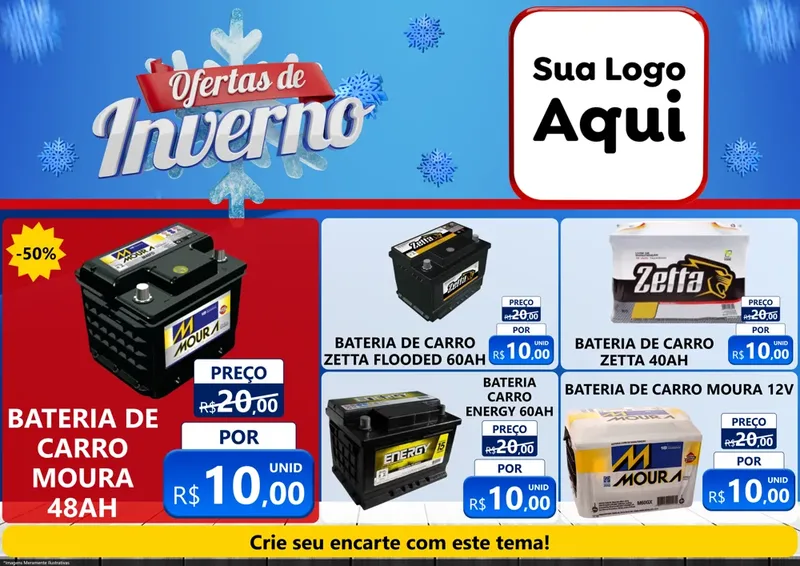 Modelo de Encarte para Encarte A4 Horizontal com o tema Ofertas de Inverno para Baterias Elétricas