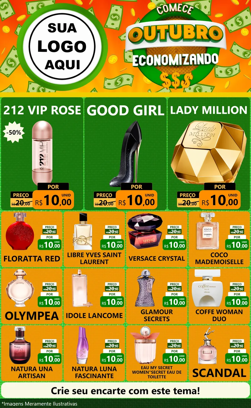 Modelo de Encarte para Encarte Grande com o tema Comece Outubro Economizando para Perfumes
