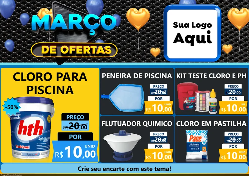 Modelo de Encarte para Encarte A4 Horizontal com o tema Março de Ofertas para Produtos para Piscina