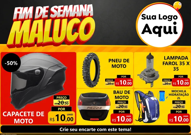 Modelo de Encarte para Encarte A4 Horizontal com o tema Final de Semana Maluco para Moto peças