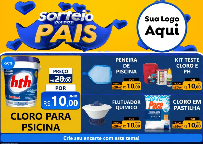 Modelo de Encarte para Encarte A4 Horizontal com o tema Sorteio Dia dos Pais para Produtos para Piscina