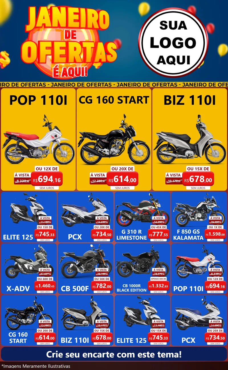 Modelo de Encarte para Encarte Grande com o tema Janeiro de Ofertas É Aqui! para Concessionaria de Motos