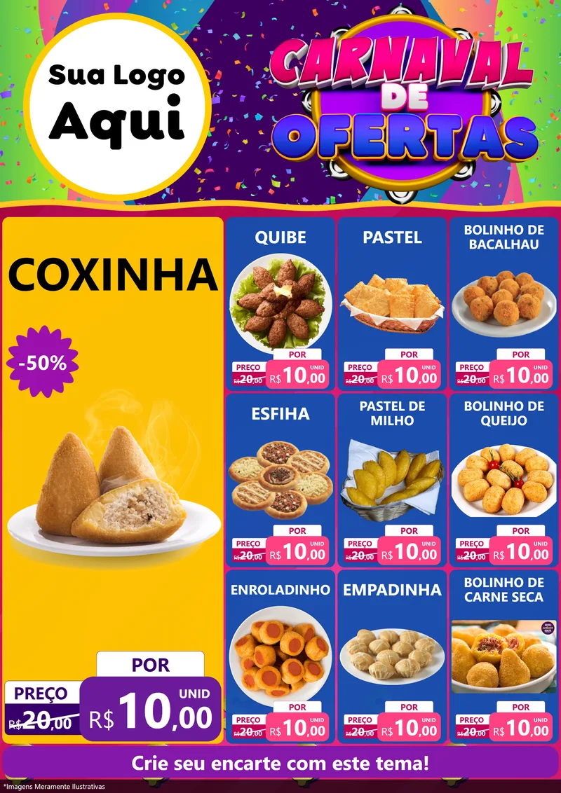 Modelo de Encarte para Encarte A4 Vertical com o tema Carnaval de Ofertas para Salgadaria