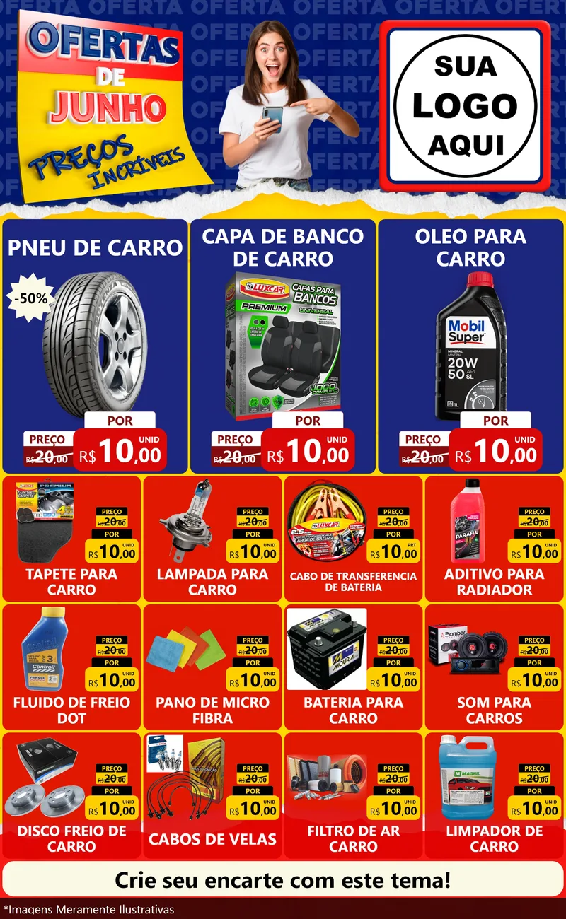 Modelo de Encarte para Encarte Grande com o tema Ofertas de Junho - Preços Incríveis para Auto peças