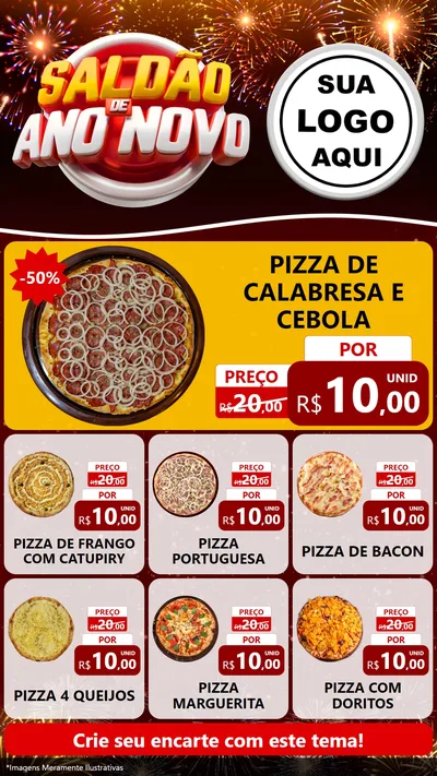 Modelo de Rede Social para Stories com o tema Saldão de Ano Novo para Pizzaria