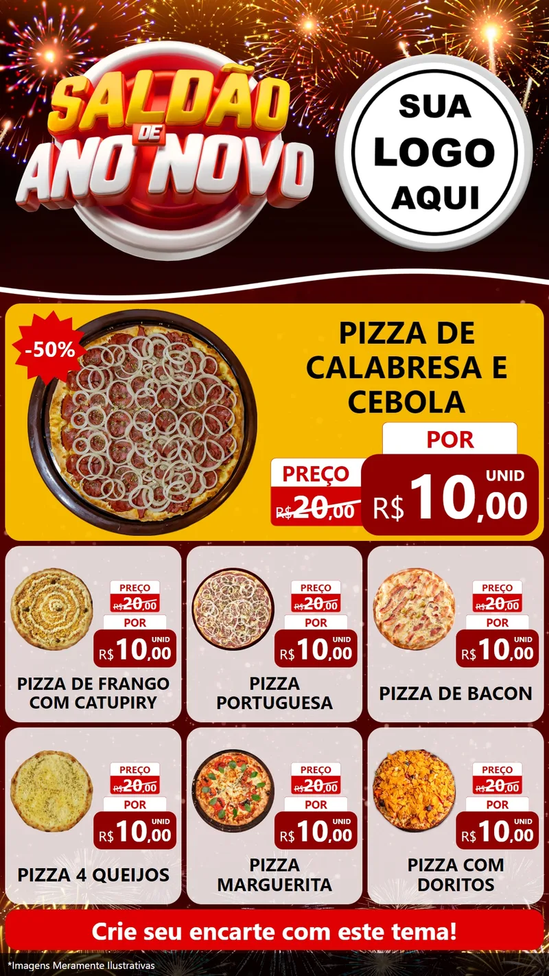 Modelo de Rede Social para Stories com o tema Saldão de Ano Novo para Pizzaria