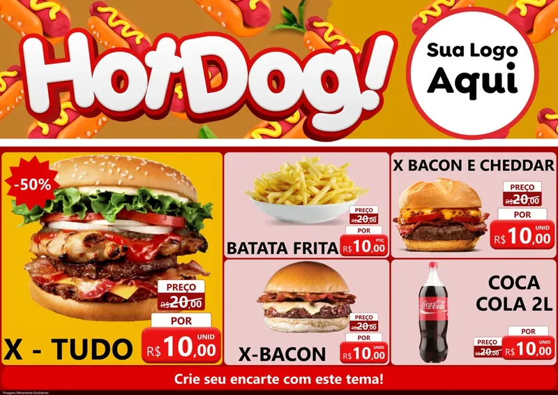 Modelo de Encarte para Encarte A4 Horizontal com o tema Hot Dog para Hamburgueria