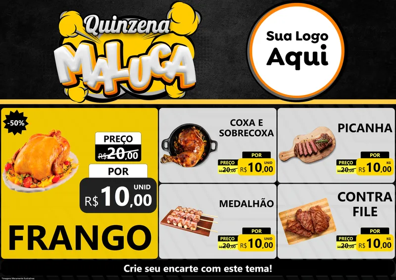 Modelo de Encarte para Encarte A4 Horizontal com o tema Quinzena Maluca para Assados