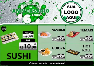 Modelo de Encarte para Encarte A4 Horizontal com o tema Promoção de Aniversário - 6 Anos para Comida japonesa