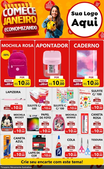 Modelo de Encarte para Encarte Grande com o tema Comece Janeiro Economizando para Papelaria
