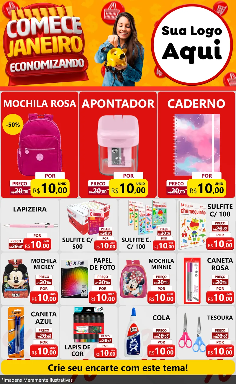 Modelo de Encarte para Encarte Grande com o tema Comece Janeiro Economizando para Papelaria
