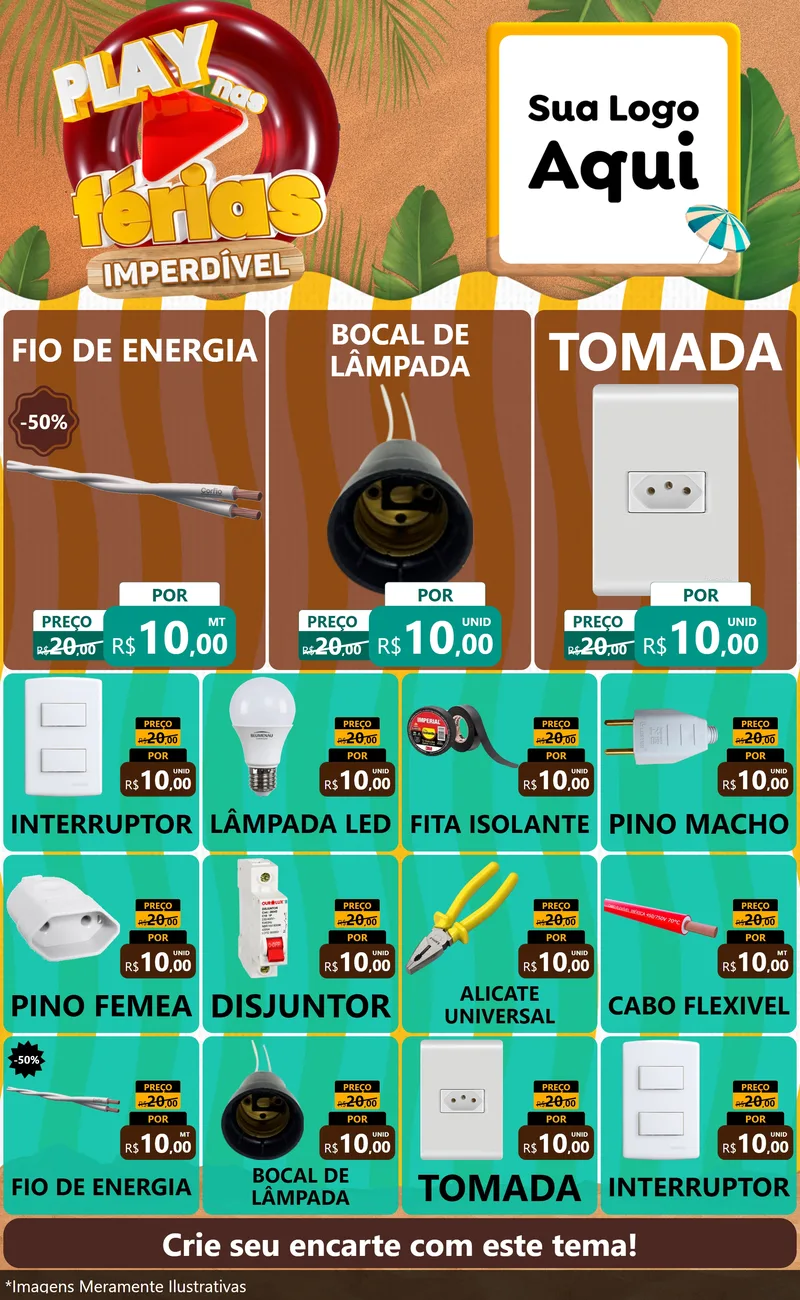 Modelo de Encarte para Encarte Grande com o tema Play Nas Férias Imperdível para Materiais Elétricos