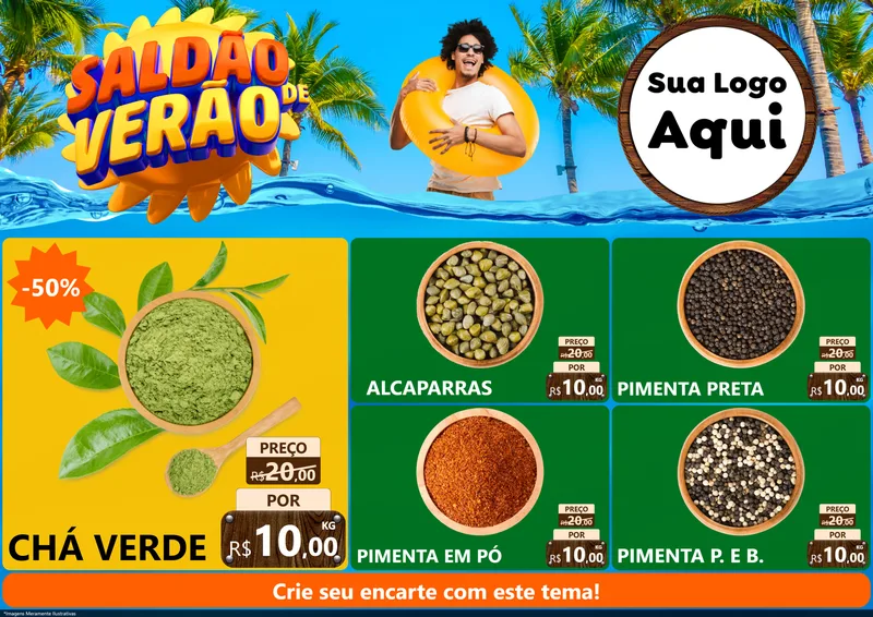 Modelo de Encarte para Encarte A4 Horizontal com o tema Saldão de Verão para Produtos Naturais