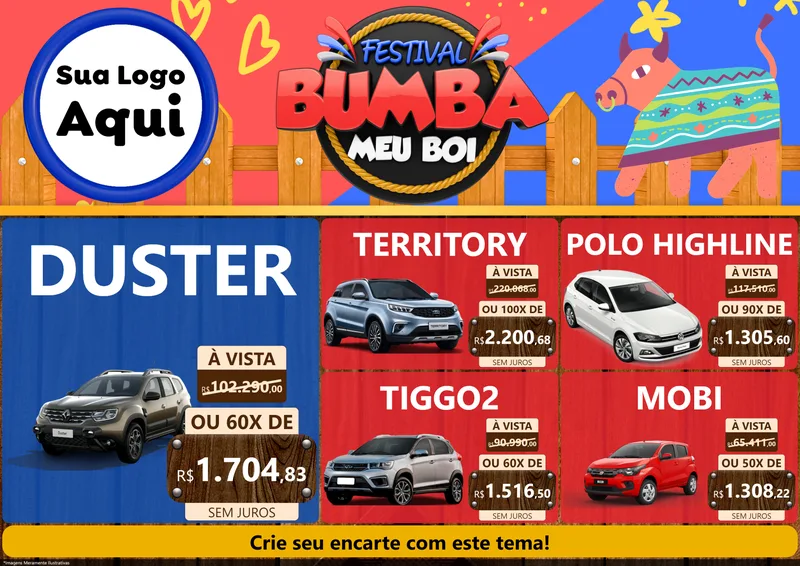 Modelo de Encarte para Encarte A4 Horizontal com o tema Festival Bumba Meu Boi para Concessionaria de Carros