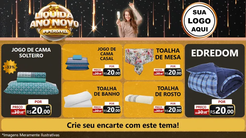 Modelo de TV para TV Horizontal com o tema Liquida Ano Novo Imperdível para Cama, Mesa e Banho