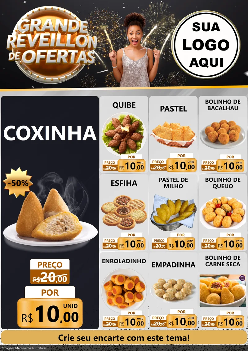 Modelo de Encarte para Encarte A4 Vertical com o tema Grande Réveillon de Ofertas para Salgadaria