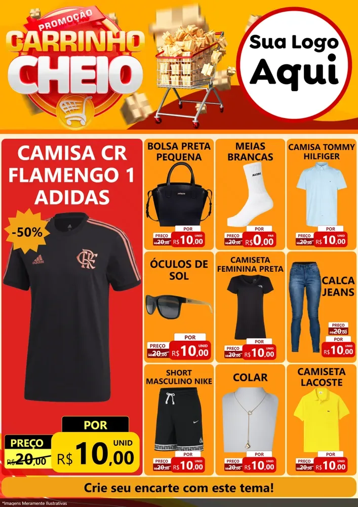 Modelo de Encarte para Encarte A4 Vertical com o tema Promoção carrinho cheio para Roupas e acessórios