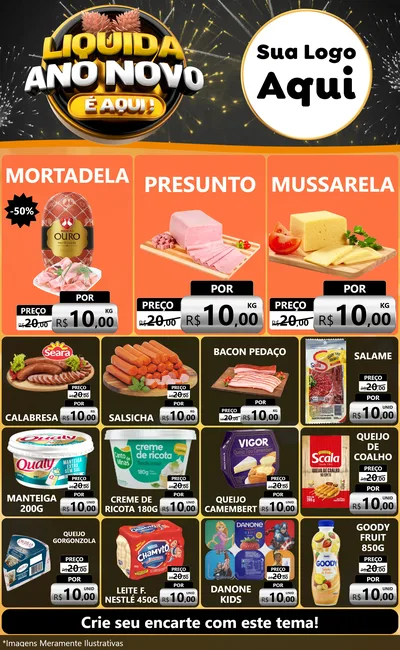 Modelo de Encarte para Encarte Grande com o tema Liquida Ano Novo É Aqui! para Frios e Laticínios