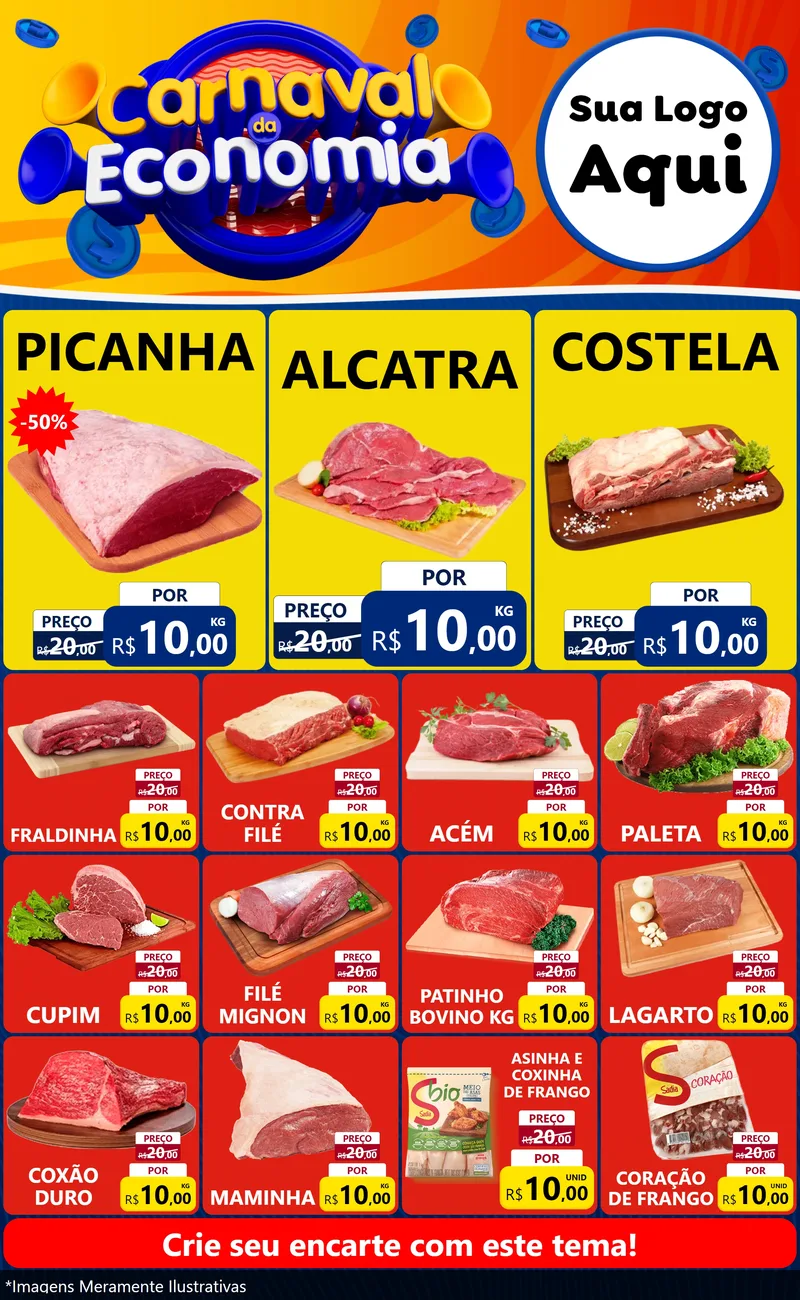 Modelo de Encarte para Encarte Grande com o tema Carnaval da Economia para Açougue