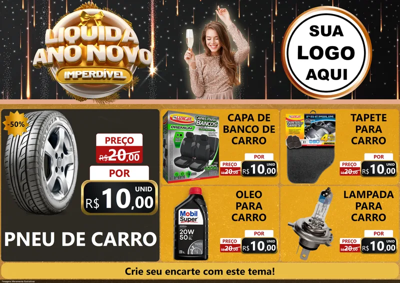 Modelo de Encarte para Encarte A4 Horizontal com o tema Liquida Ano Novo Imperdível para Auto peças