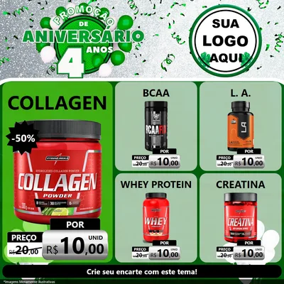Modelo de Rede Social para Feed Facebook com o tema Promoção de Aniversário - 4 Anos para Suplementos alimentares