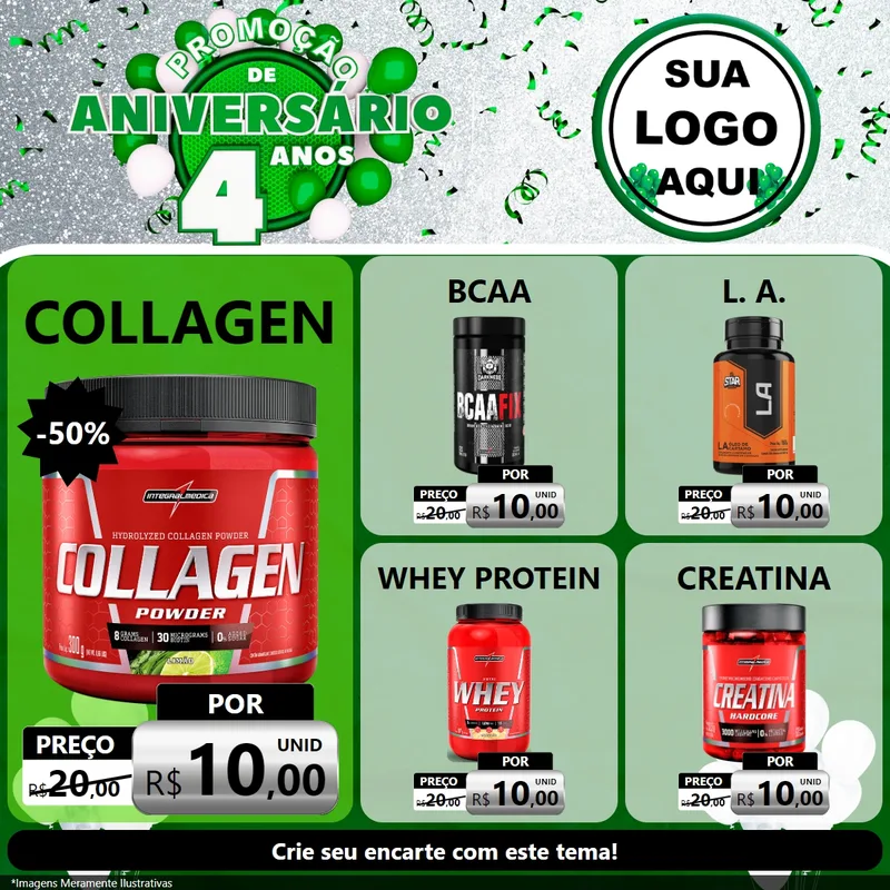 Modelo de Rede Social para Feed Facebook com o tema Promoção de Aniversário - 4 Anos para Suplementos alimentares