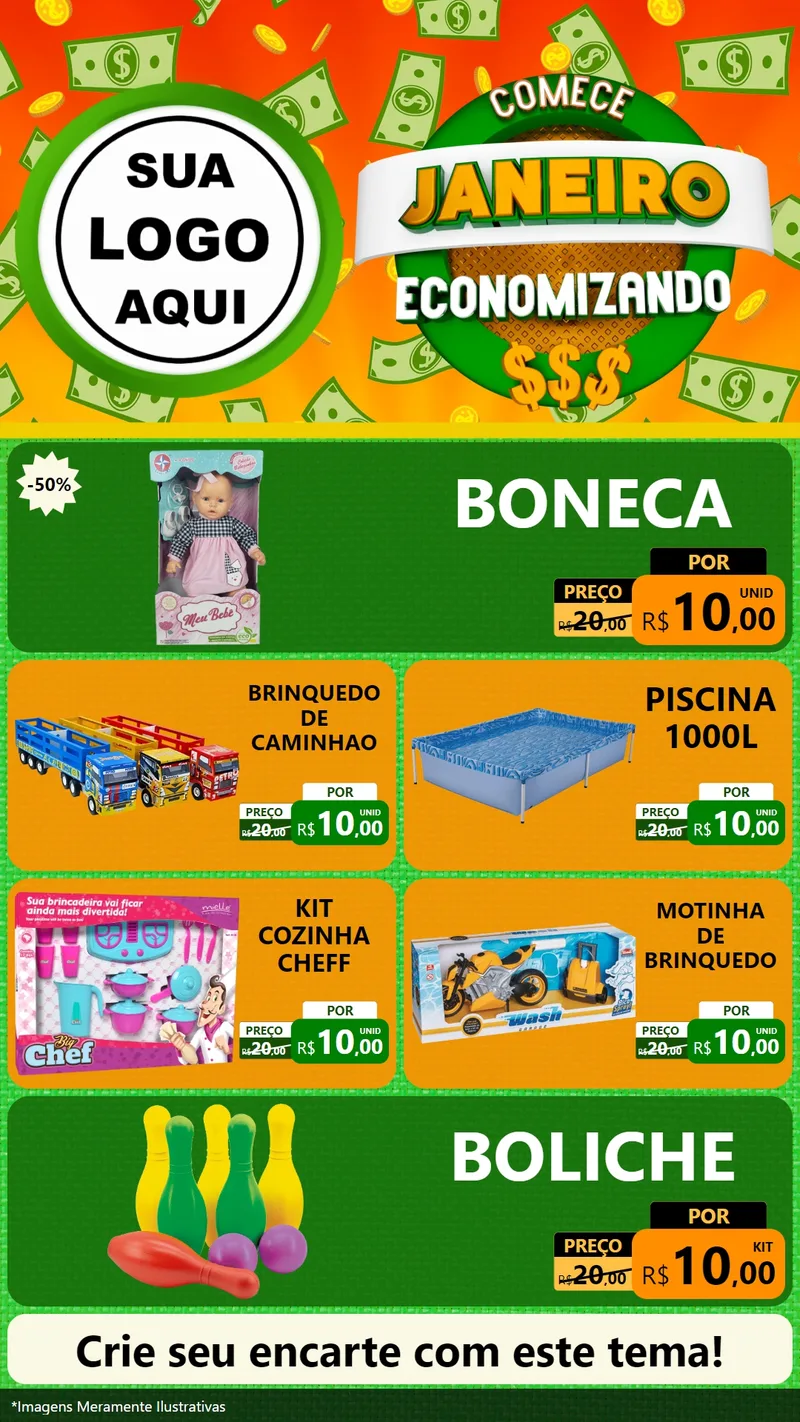 Modelo de TV para TV Vertical com o tema Comece Janeiro Economizando para Brinquedos