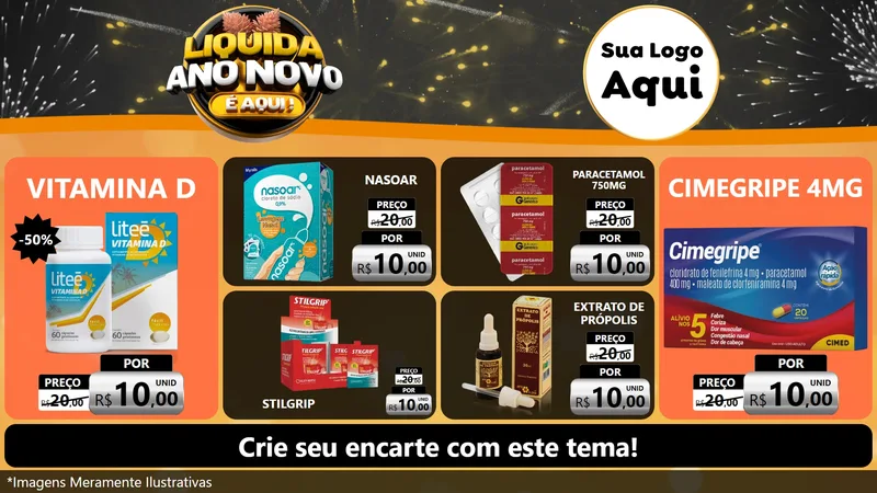 Modelo de TV para TV Horizontal com o tema Liquida Ano Novo É Aqui! para Farmácia