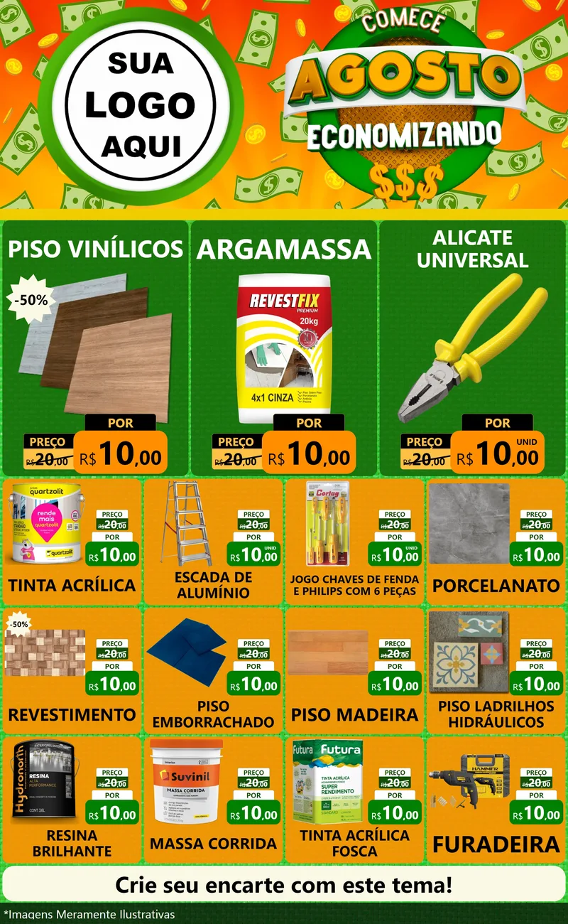 Modelo de Encarte para Encarte Grande com o tema Comece Agosto Economizando para Material para Construção
