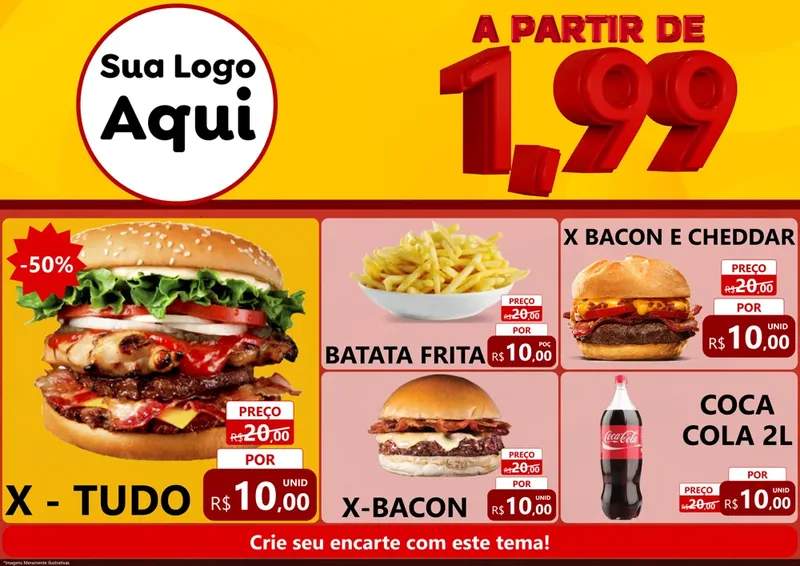 Modelo de Encarte para Encarte A4 Horizontal com o tema A Partir de Um e Noventa e Nove - 1,99 para Hamburgueria