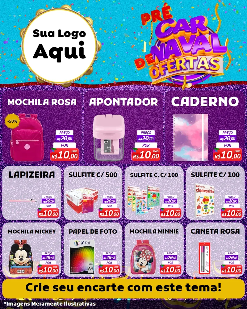 Modelo de Rede Social para Feed Instagram com o tema Pré Carnaval de Ofertas para Papelaria