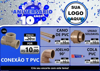 Modelo de Encarte para Encarte A4 Horizontal com o tema Promoção de Aniversário - 10 Anos para Tubos e conexões