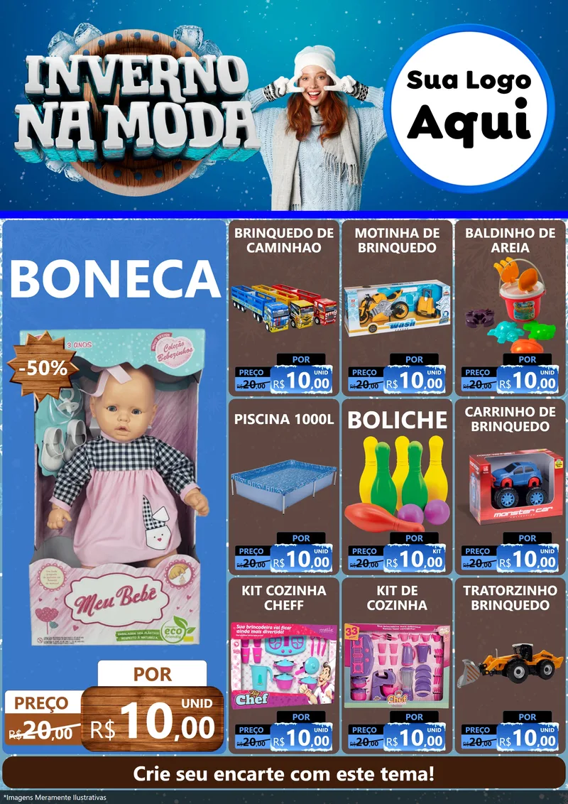 Modelo de Encarte para Encarte A4 Vertical com o tema Inverno na Moda para Brinquedos