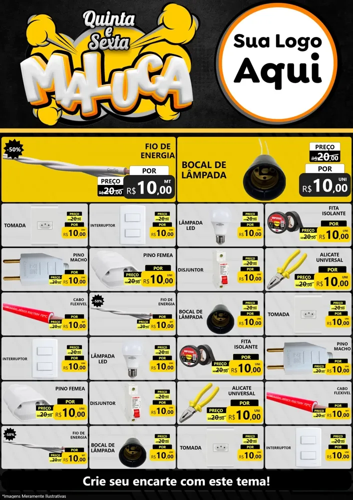 Modelo de Encarte para Encarte A4 Vertical com o tema Quinta e Sexta Maluca para Materiais Elétricos
