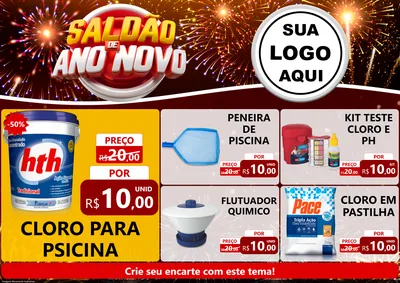 Modelo de Encarte para Encarte A4 Horizontal com o tema Saldão de Ano Novo para Produtos para Piscina