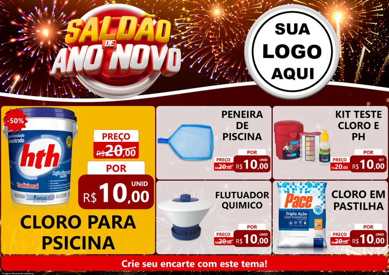 Modelo de Encarte para Encarte A4 Horizontal com o tema Saldão de Ano Novo para Produtos para Piscina