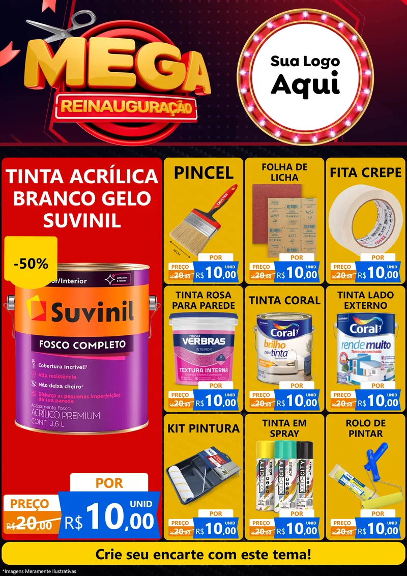 Modelo de Encarte para Encarte A4 Vertical com o tema Mega Reinauguração para Tintas e Ferramentas