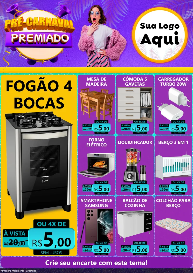 Modelo de Encarte para Encarte A4 Vertical com o tema Pré-Carnaval Premiado para Móveis e Eletro