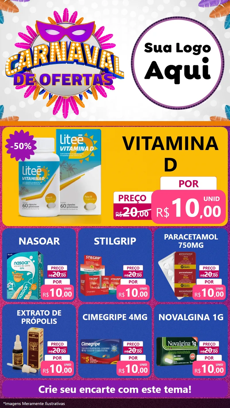 Modelo de Rede Social para Stories com o tema Carnaval de Ofertas para Farmácia