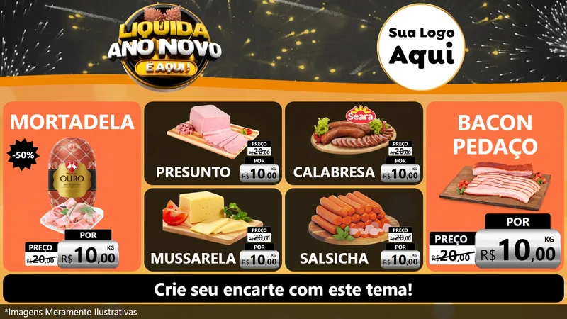 Modelo de TV para TV Horizontal com o tema Liquida Ano Novo É Aqui! para Frios e Laticínios