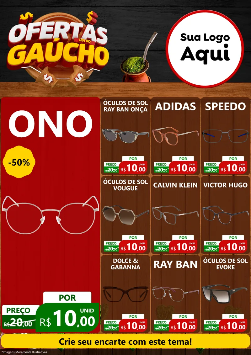 Modelo de Encarte para Encarte A4 Vertical com o tema Ofertas Dia do Gaúcho para Óticas