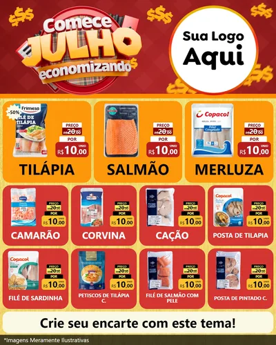 Modelo de Rede Social para Feed Instagram com o tema Comece Julho Economizando para Peixaria