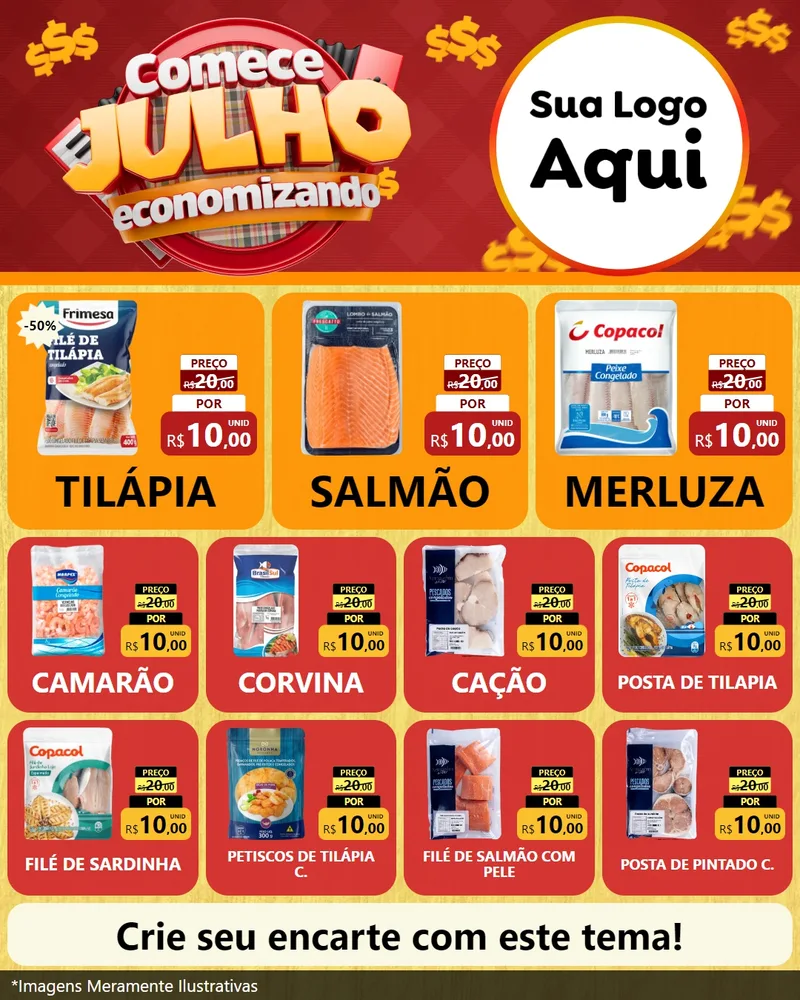 Modelo de Rede Social para Feed Instagram com o tema Comece Julho Economizando para Peixaria
