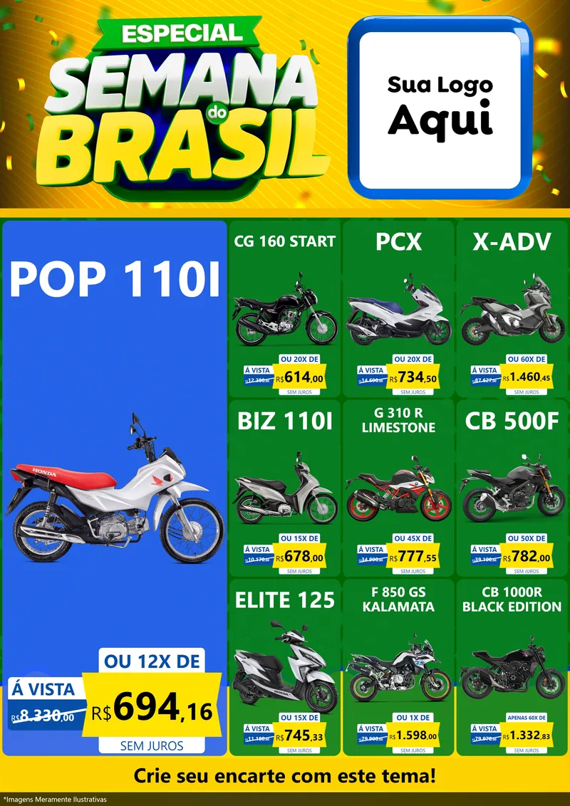 Modelo de Encarte para Encarte A4 Vertical com o tema Especial Semana do Brasil para Concessionaria de Motos